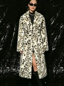 Luxury Women Leopard Print Faux Fur Long Coat Winter Warm Thick Lapel Overcoat Vintage Fashion Shaggy Outerwear With Belt