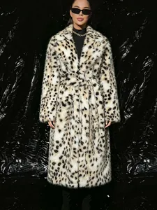 Detailed view of a long leopard print faux fur coat with a plush texture and belt