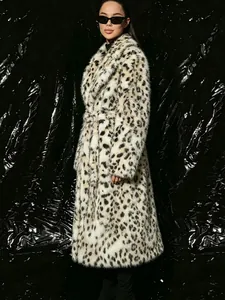 Elegantly styled long leopard print faux fur coat with belted waist shown on model