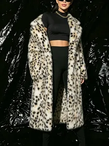 Close-up detail of a luxurious long leopard print faux fur coat worn by a stylish model