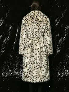Rear view of a stylish long leopard print faux fur coat showing realistic fur texture.