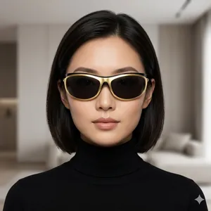 Schickes asiatisches Model trägt eine goldgerahmte Y2K-Sonnenbrille mit schwarzen Gläsern