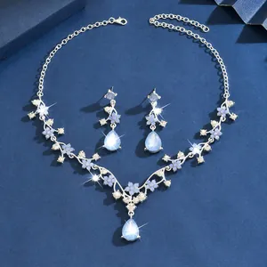 Detailed view of retro floral jewelry set with sparkling blue crystals for bridal wear.