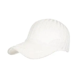 Close-up showing the intricate breathable hollow-out knit pattern on a white cap.
