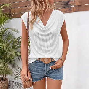 T-Shirt Décontracté d'Été pour Femmes Col Bénitier Strass Manches Courtes Couleur Unie Blanc Top Mode pour Fête Lady