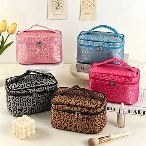 Borsa Cosmetica Portatile Grande Capacità Tessuto Jacquard Motivo A Lettere Organizzatore Da Viaggio Con Specchio Quadrato Per Donne