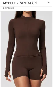 Dark brown long-sleeved zipper sports jacket for women yoga fitness workout