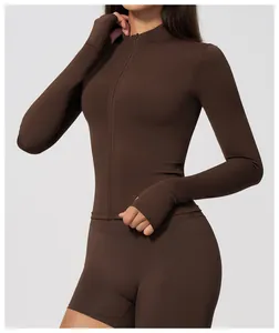 Premium women's brown zip-up slim fit sports jacket with thumbholes for gym workout