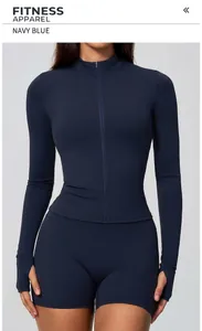 Detailed view of navy blue women's long-sleeve slim-fit zipper yoga jacket with thumbholes