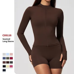 Women Slim Fit Zipper Sports Jacket Breathable Yoga Top Polyamide Spandex Long Sleeve Running Training Coat With Thumbholes