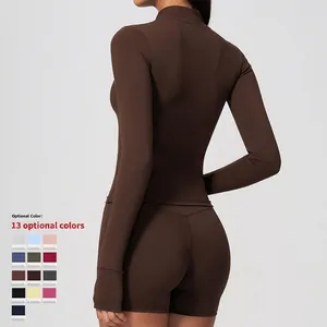 Professional breathable slim fit long sleeve yoga top for women in coffee brown finish