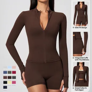 Women's brown long-sleeve zip-up sports yoga set with stand collar and thumbholes