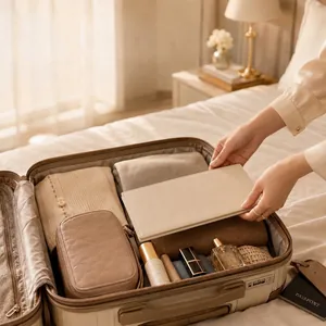 Miroir de maquillage de voyage pliable avec étui en similicuir crème dans une valise