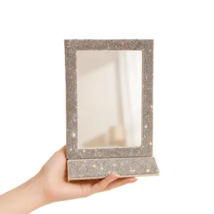 Luxury portable HD folding tabletop vanity mirror with sparkling full rhinestone frame