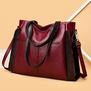 Women Large Capacity Tote Bag Contrast Color PU Leather Shoulder Handbag With Detachable Crossbody Strap Casual Fashion