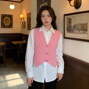 Damen Französische Rosa Strickweste V Ausschnitt Goldene Knöpfe Asymmetrischer Saum Schlanke Ärmellose Weste Cardigan Top