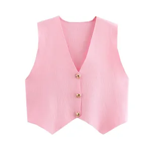 Elegante französische rosa Strick-Crop-Weste mit drei dekorativen Goldknöpfen für Damen