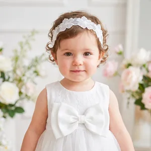 Detailed view of the elegant white lace baby headband with flower embroidery on a child