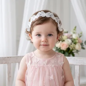 Close-up of an elegant white lace butterfly headband on a baby girl for photography.