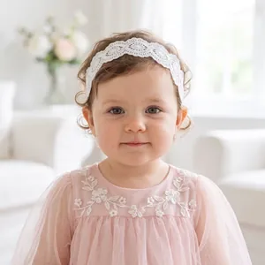 Close-up of the elegant baby lace headband featuring intricate white floral embroidery