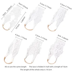 Detail showing measurements for six styles of white lace baby headbands, including width.