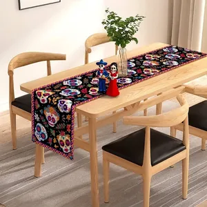 Vibrant Mexican Floral Skull Table Runner for Day of the Dead and Halloween Party Decor