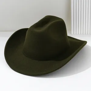 High-quality close-up of a dark olive green felt cowboy hat with a stylish curved wide brim