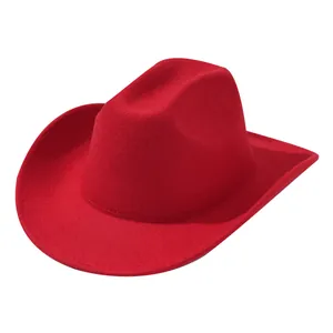 Classic solid red felt western cowboy hat with wide curved brim for men and women