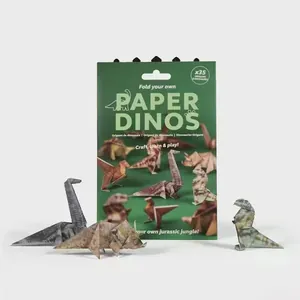 Detail view of green Paper Dinos origami kit and completed paper dinosaur models