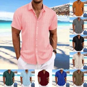 Men's casual cotton linen short-sleeve jacquard shirt shown in ten vibrant color options