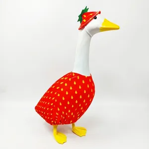Detailed view of a cute strawberry-themed holiday outfit for a 23-inch porch goose figurine.