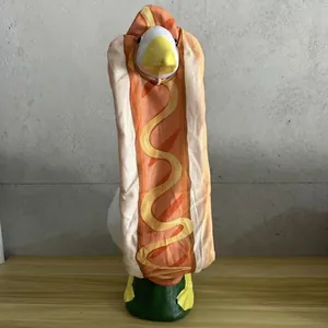 Detailed view of a 23-inch white porch goose dressed in a fun hot dog costume for decor.