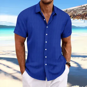 Men's royal blue casual short-sleeved shirt with vertical jacquard texture for summer wear
