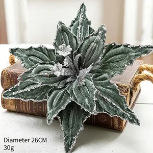 Elegant 26cm dark green artificial velvet Christmas flower with silver glitter edges on books