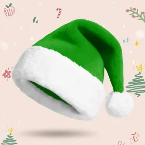 Vibrant green and white plush Christmas hat with soft velvet texture for holiday decoration