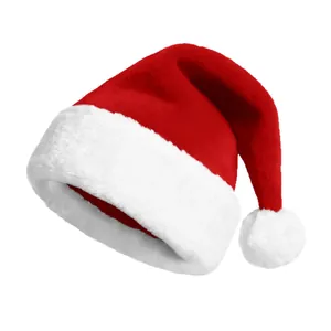 Plush red and white Santa hat with thick white cuff and pom-pom for holiday decor