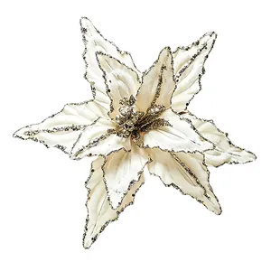 Elegant 26cm white velvet poinsettia with gold glitter edges for Christmas tree decoration