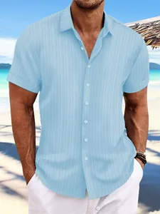 Men's Cotton Blend Jacquard Short Sleeve Shirt Casual Loose Breathable Stand Collar Vacation Beach Top
