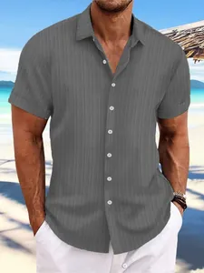Men's casual grey jacquard short-sleeve shirt in breathable cotton linen for beach