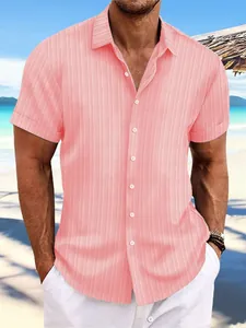 Men's pink jacquard short sleeve shirt with breathable texture for beach casual wear
