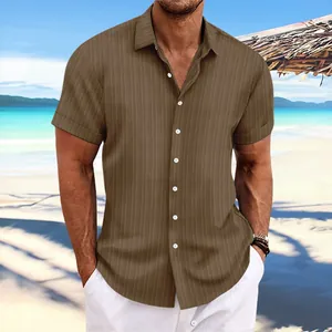 Men's casual brown jacquard short sleeve button down shirt with vertical texture for summer