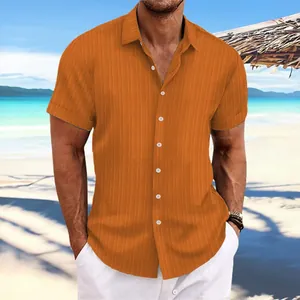 Vibrant orange men's casual short sleeve jacquard textured cotton linen beach shirt