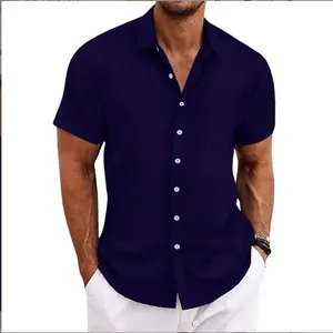 Men's navy blue short sleeve cotton linen shirt with a vertical jacquard texture