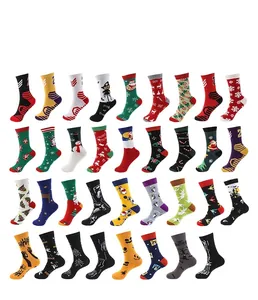 Collage of various patterned jacquard crew socks featuring Christmas and Halloween themes.