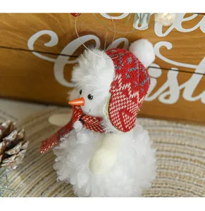 Detailaufnahme eines Plüsch-Schneemanns mit roter Strickmütze und Schal für Weihnachten