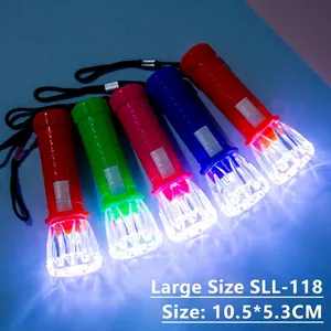 Detailansicht bunter leuchtender Mini-LED-Taschenlampen mit Größenangaben