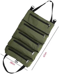 Detailed dimension view showing dimensions for olive green car seat back tool storage bag