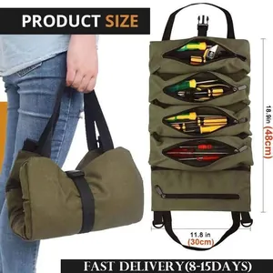 Detailed view of canvas tool roll-up bag showing organized storage and size measurements