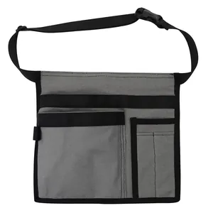 Grey canvas multi-pocket tool organizer bag with adjustable black buckle strap for technicians