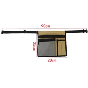 Dimensions detail of khaki and black multifunctional electrician tool pouch with waist strap